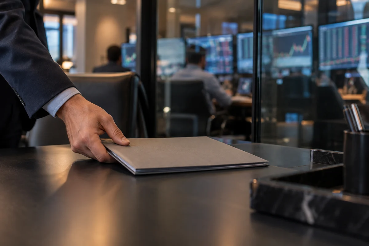 AI-generated editorial photograph of a hand placing a document folder in a generic financial monitoring office