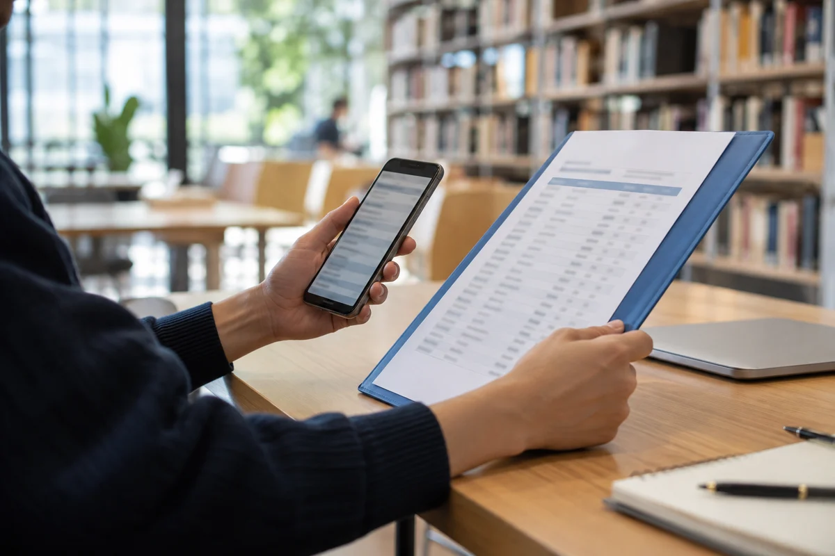 AI-generated editorial photograph of a person comparing a smartphone with a document at a library table