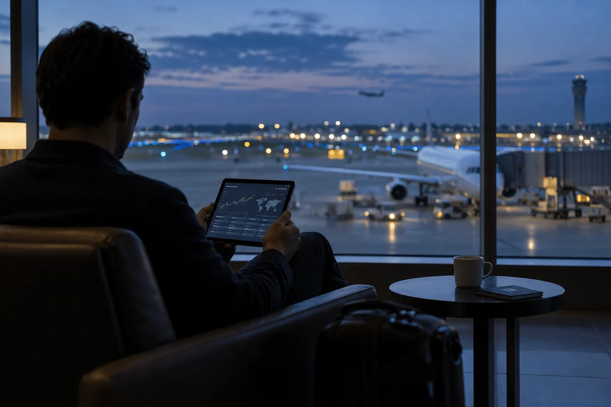 AI-generated editorial photograph of a person checking a tablet beside an airport observation window